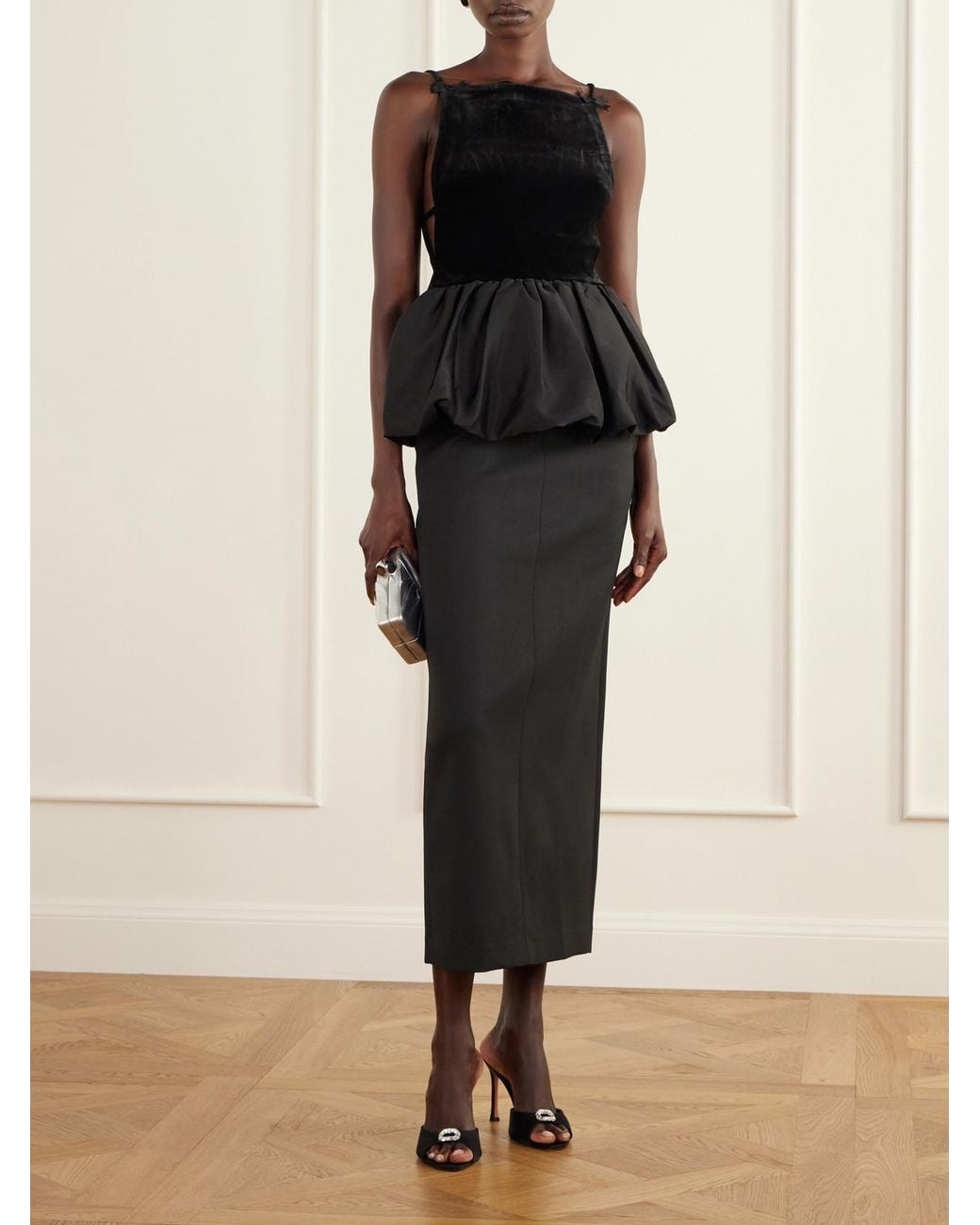 Self-Portrait Black Bow-Detailed Peplum Satin-Trimmed Velvet Top