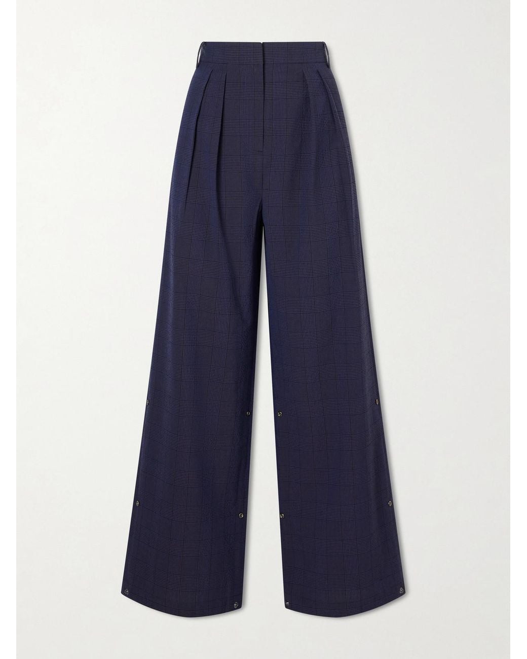 Tibi Blue Stella Pleated Checked Wool And Cotton-Blend Wide-Leg Pants