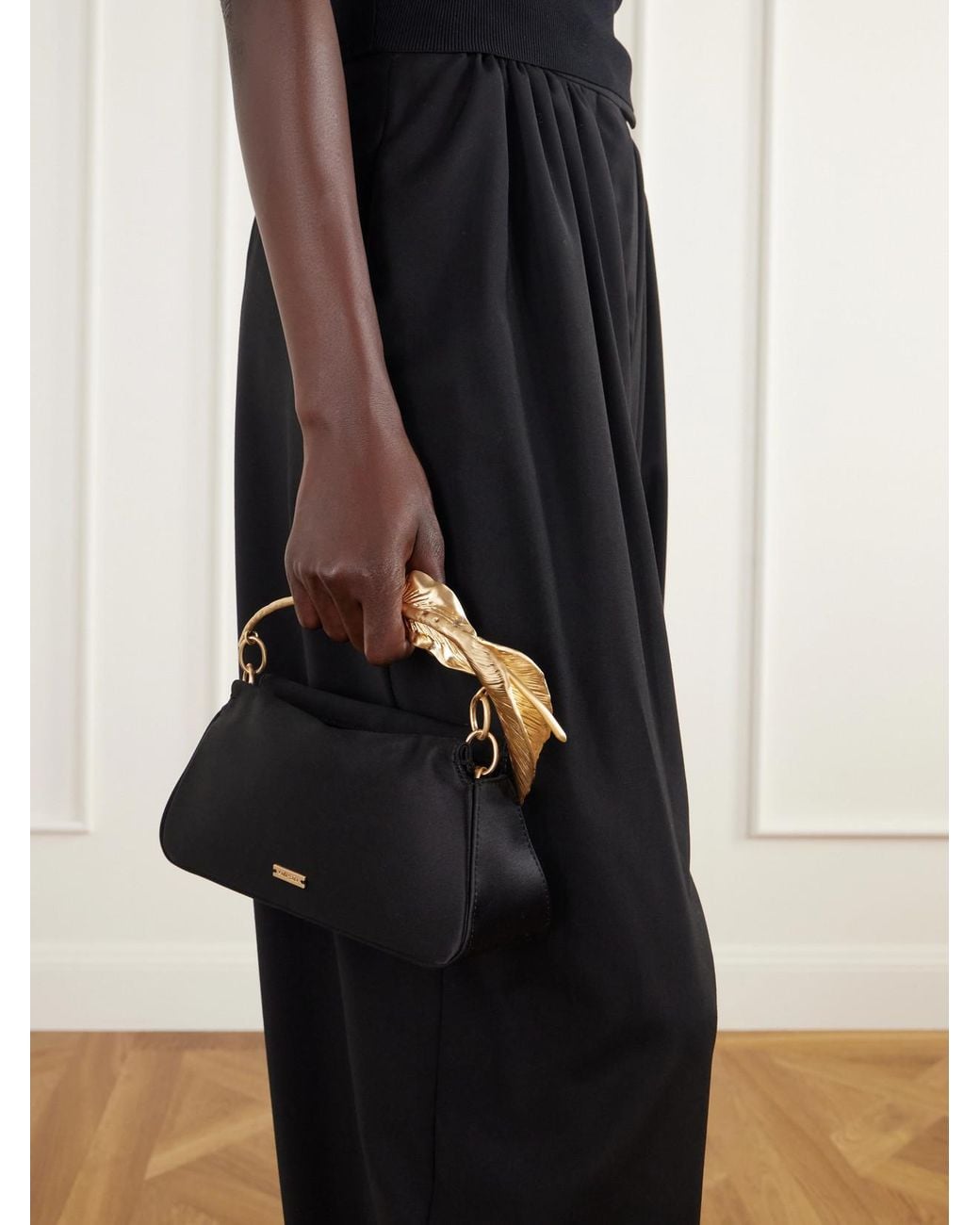 Cult Gaia Black Calla-Tone Floral-Embellished Satin Top-Handle Bag