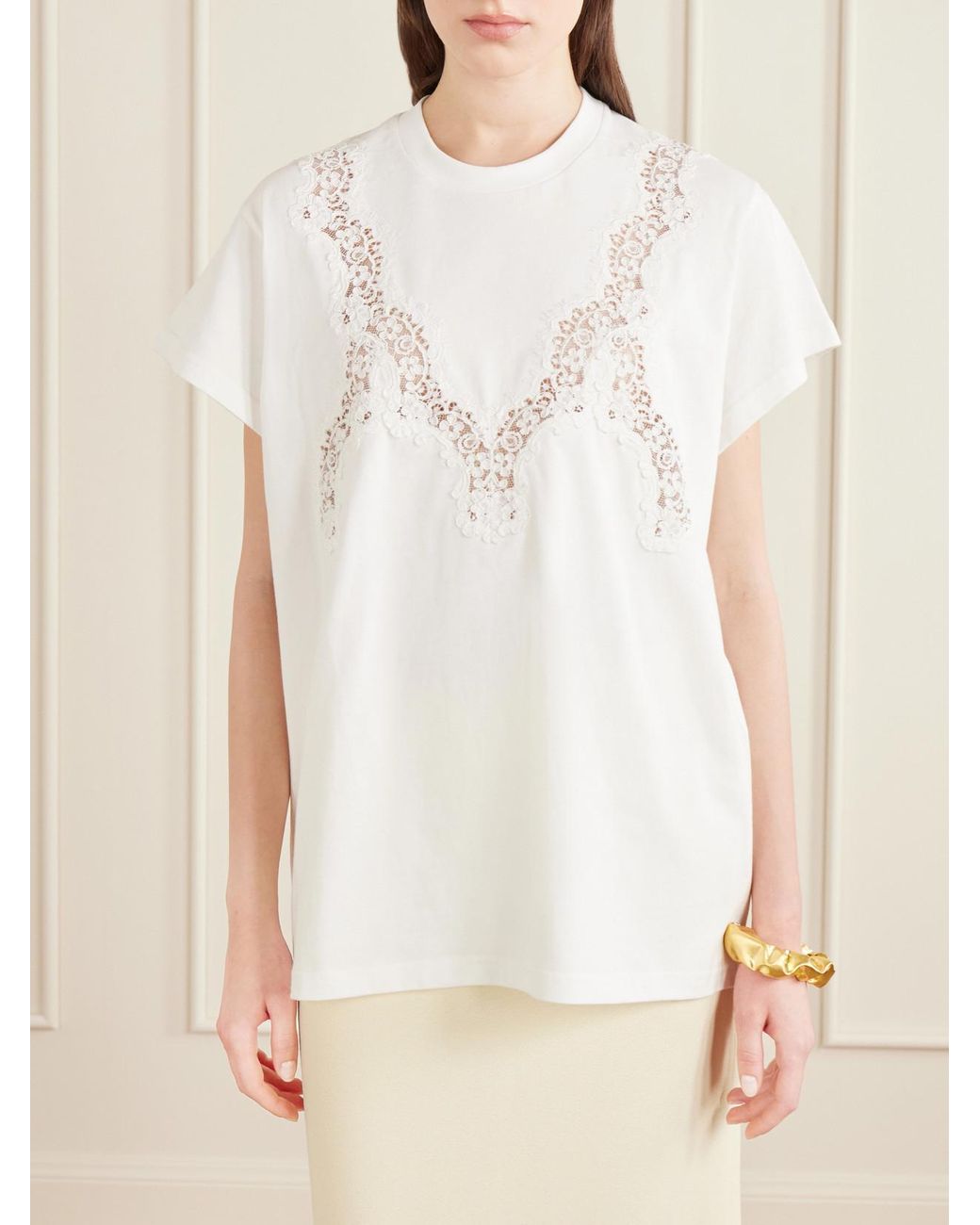 Stella McCartney White Lace-Trimmed Cotton-Jersey T-Shirt