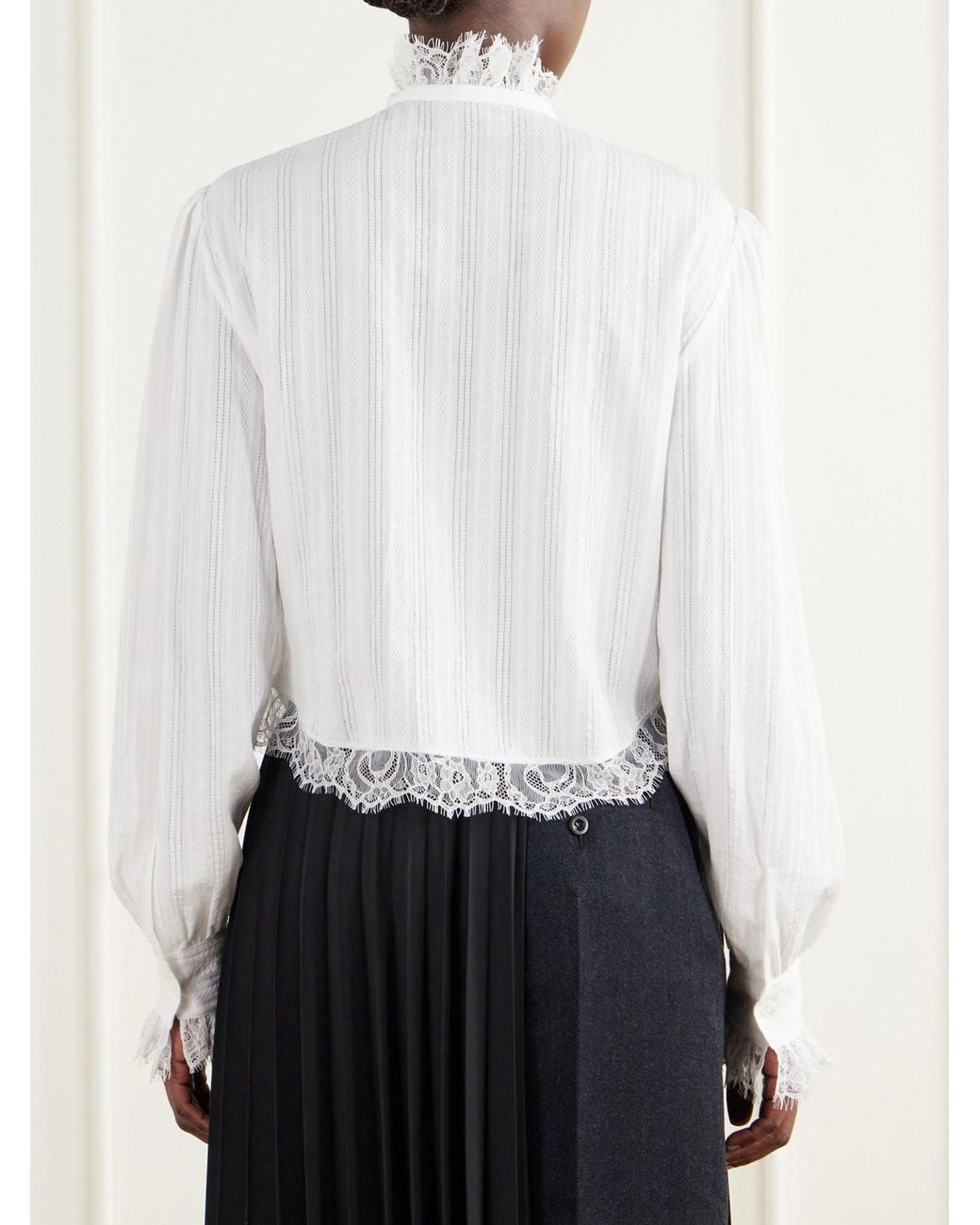 Ann Demeulemeester White Freda Cropped Ruffled Lace-Trimmed Openwork Cotton-Jacquard Blouse