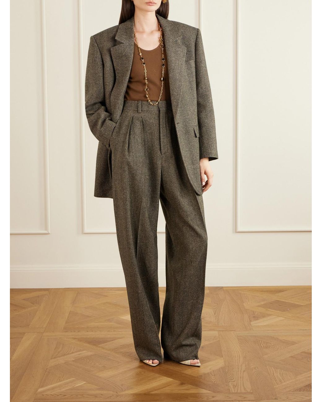 Saint Laurent Natural Pleated Herringbone Wool-Blend Straight-Leg Pants