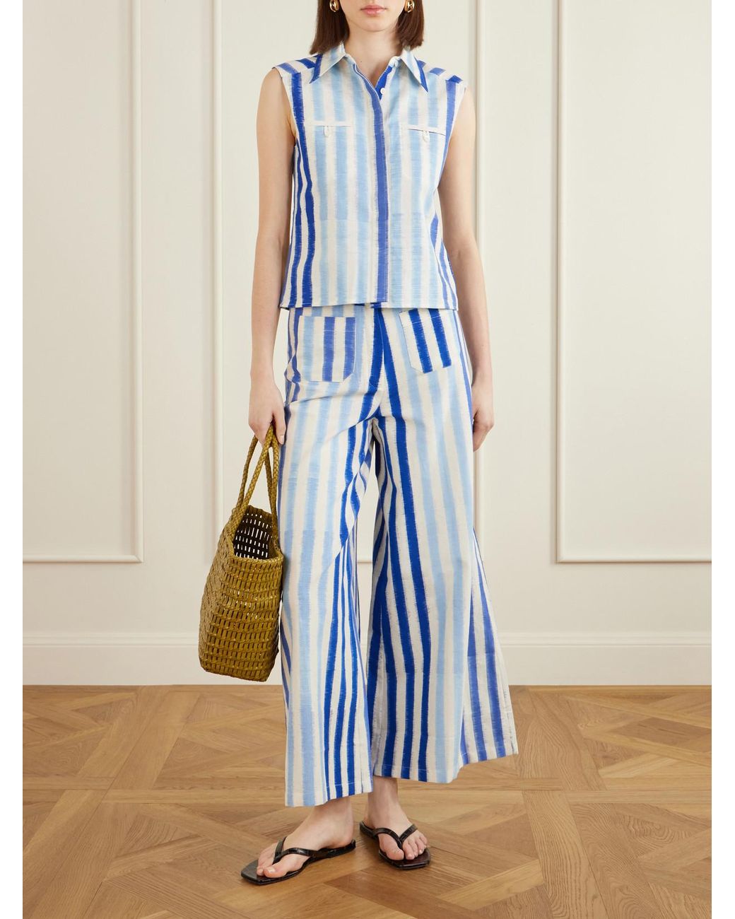Emporio Sirenuse Blue Striped Wide-Leg Cotton Pants