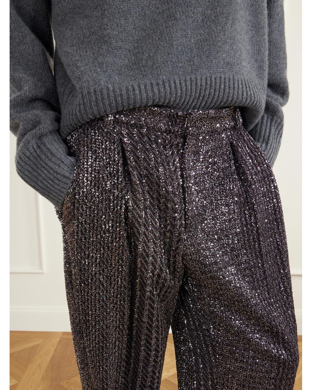 Missoni Gray Pleated Sequined Metallic Crochet-Knit Straight-Leg Pants