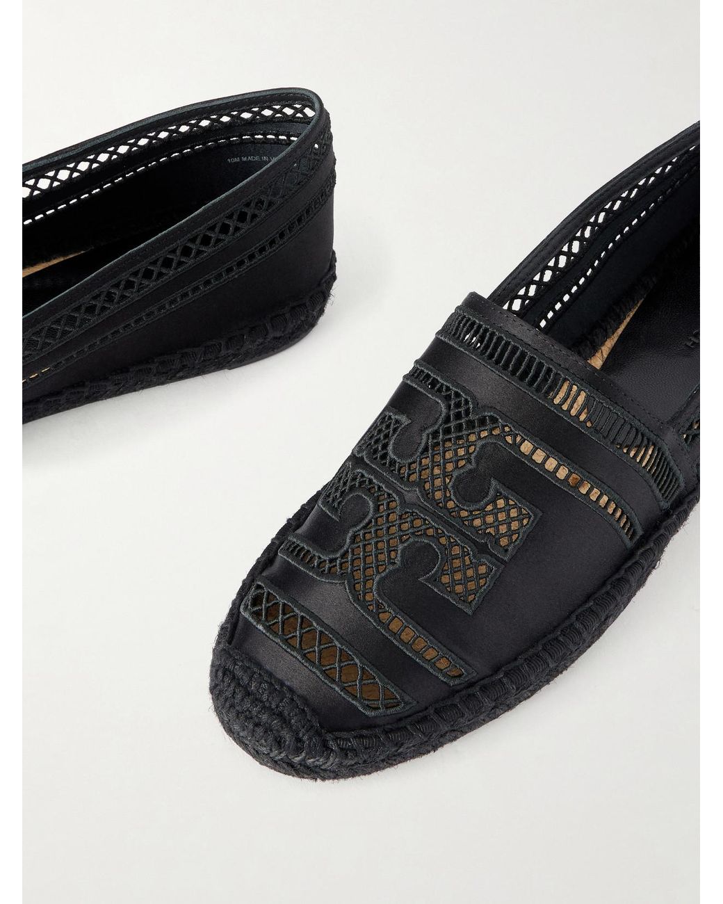 Tory Burch Black Open Weave Embroidered Satin Espadrilles