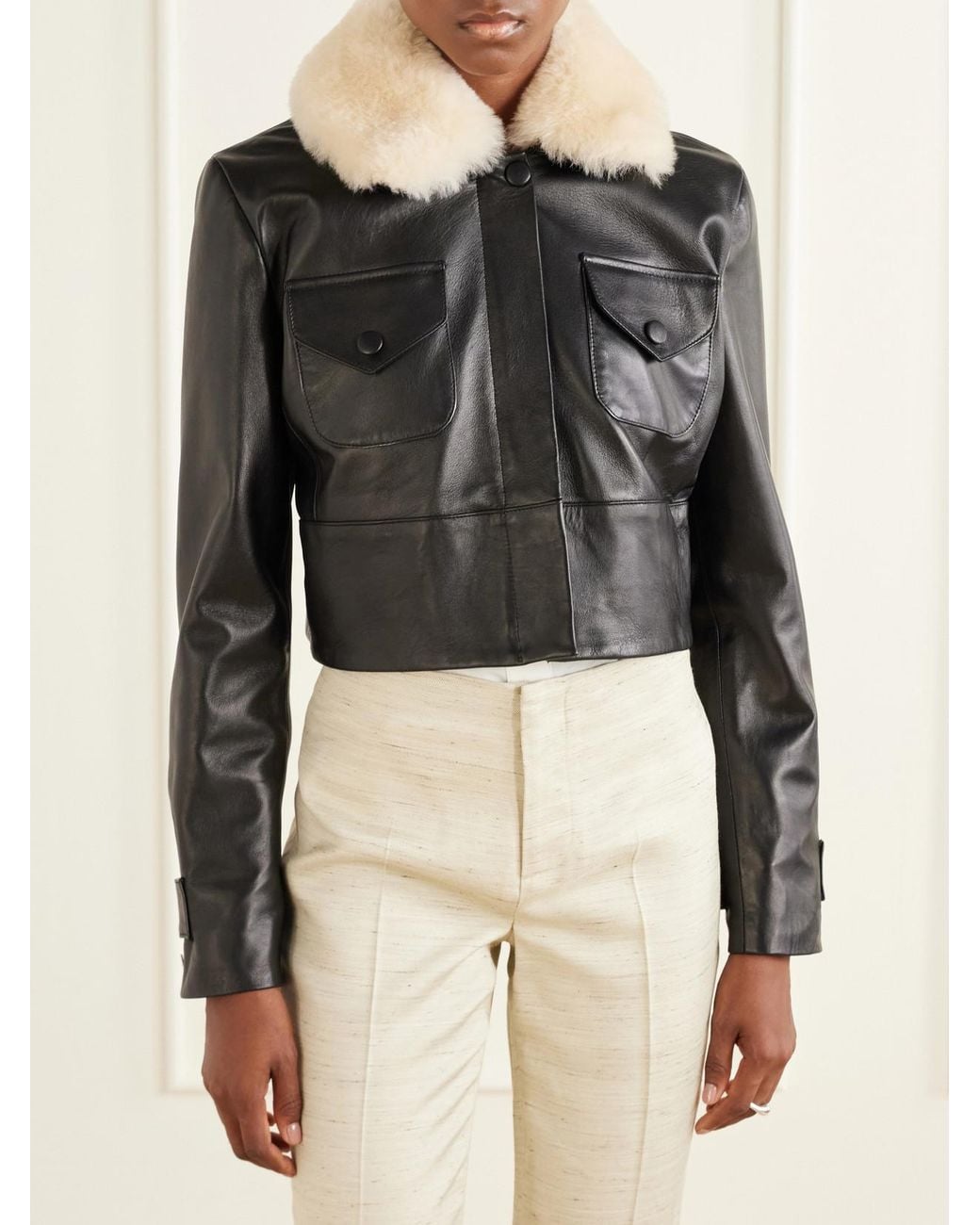LIBEROWE Black Raja Cropped Shearling-Trimmed Leather Jacket