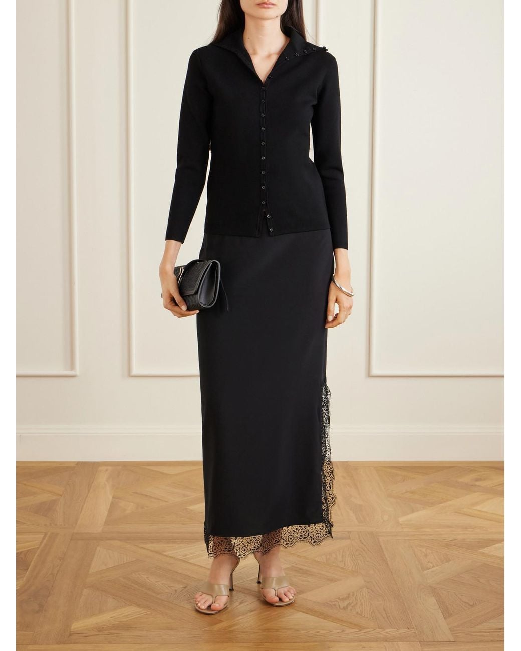 La Ligne Black Phoenix Lace-Trimmed Silk-Blend Midi Skirt