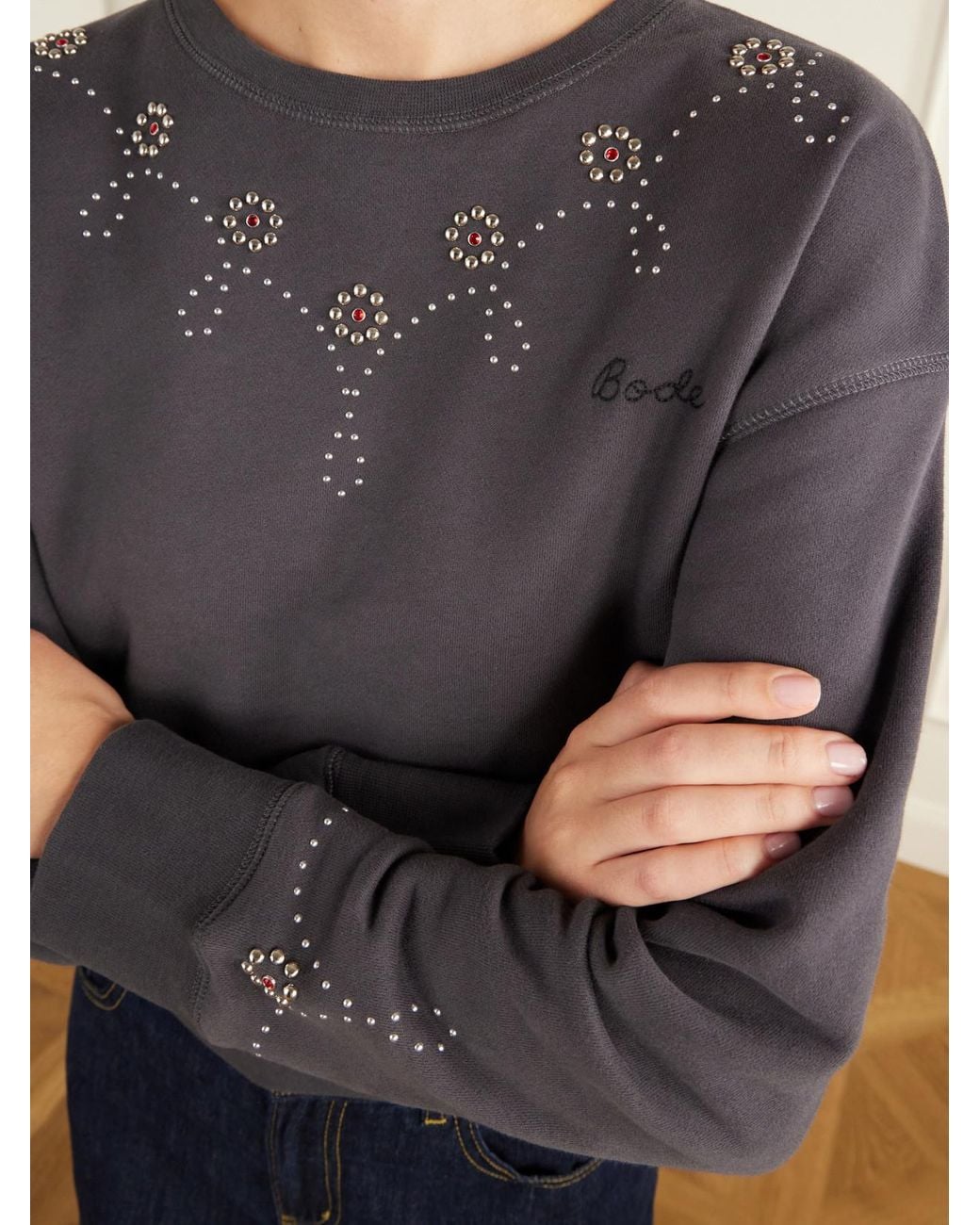 Bode Blue Studded Embellished Cotton-Jersey Sweatshirt