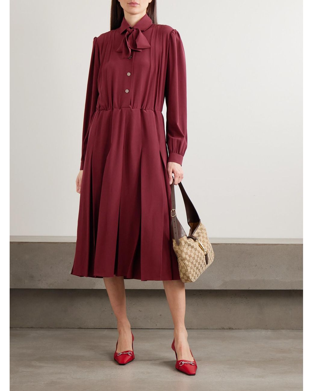 Gucci Red Pintucked Bow-Detailed Silk Crepe De Chine Midi Shirt Dress