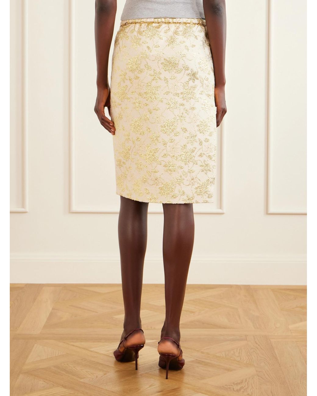 Saint Laurent Natural Floral-Brocade Midi Skirt