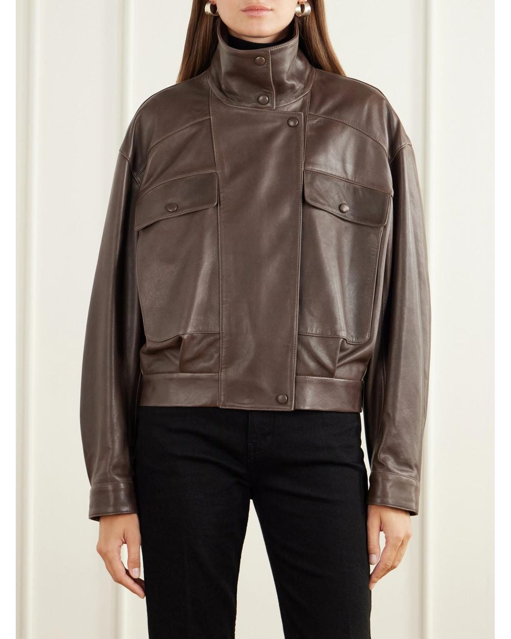 Nour Hammour Brown Quincy Cropped Paneled Leather Bomber Jacket