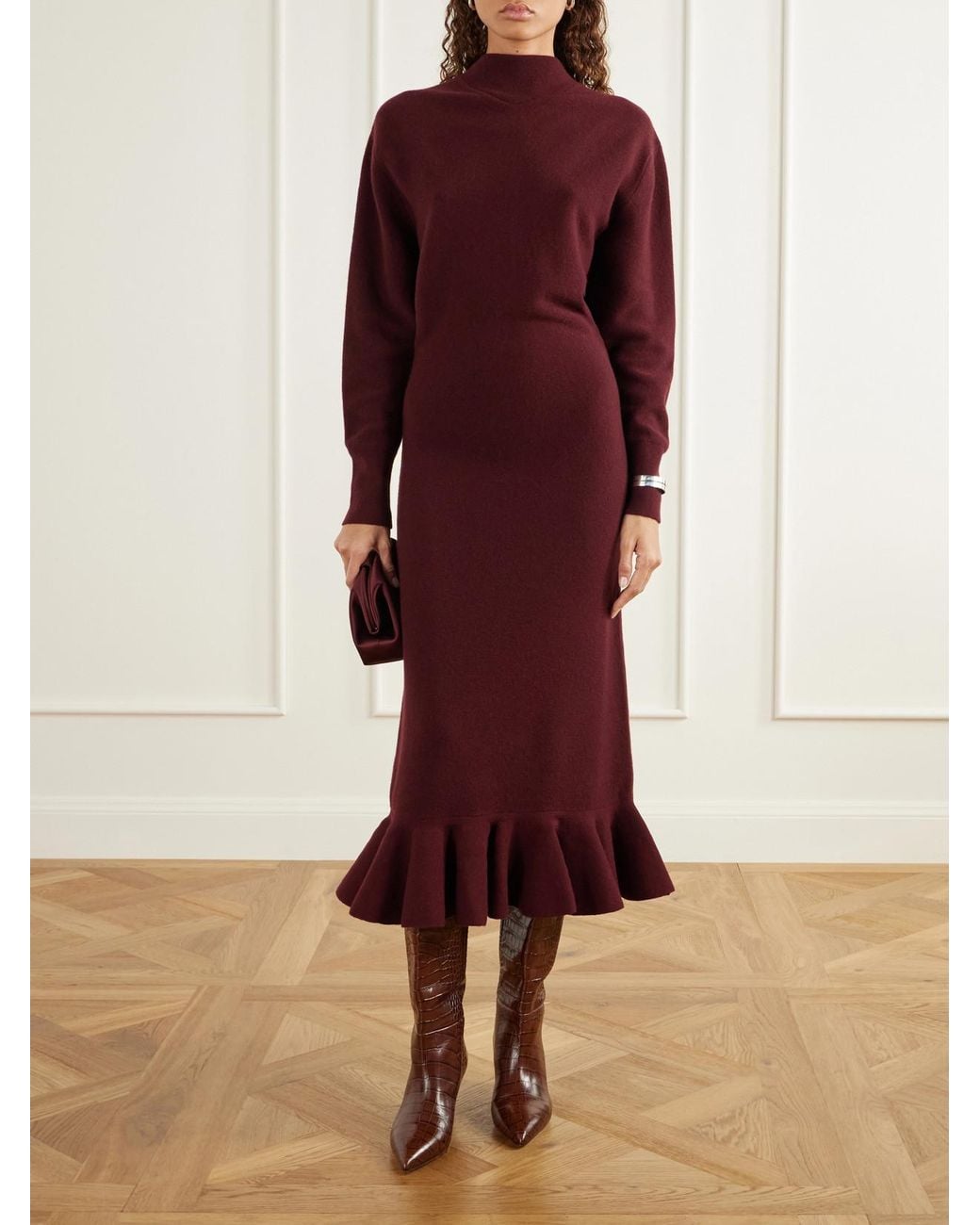 Lanvin Red Peplum Ribbed-Trim Wool And Cashmere-Blend Midi Dress