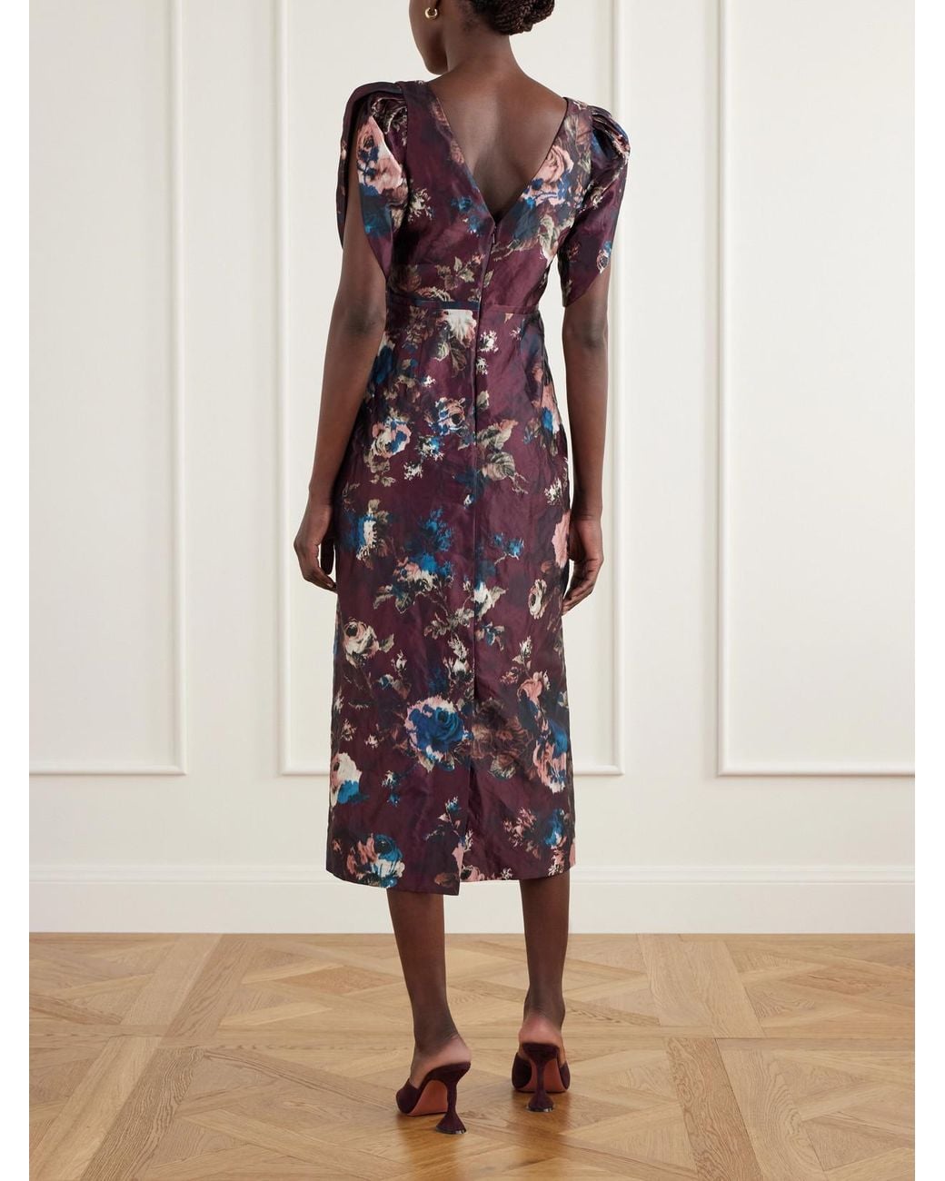 Erdem Purple Belted Floral-Print Crinkled Satin Midi Dress