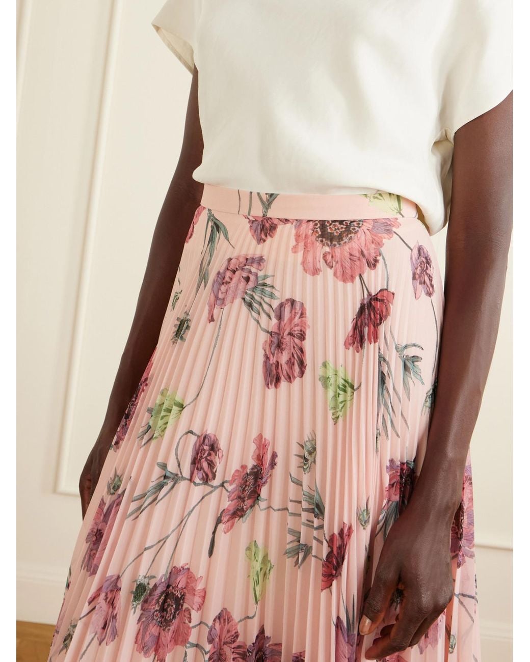 Erdem Pink Floral-Print Plissé-Voile Midi Skirt