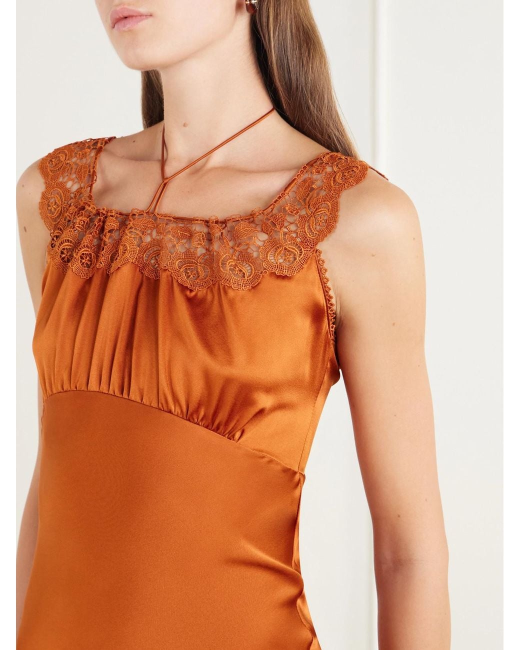 Miguelina Orange Crochet-Trimmed Silk-Blend Charmeuse Halterneck Maxi Dress
