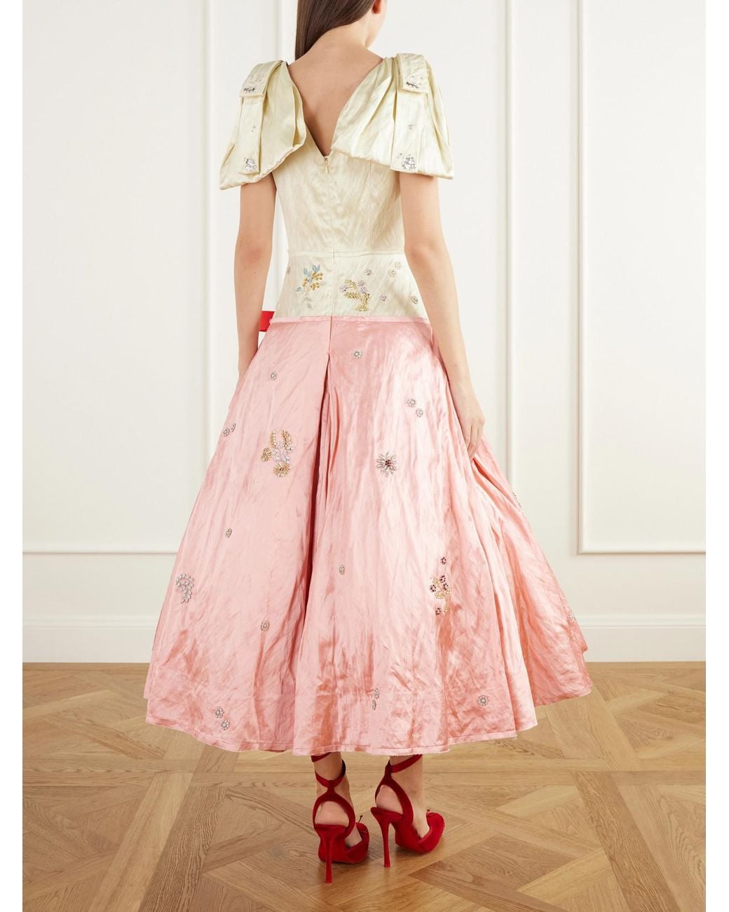 Erdem Red Bow-Detailed Crystal-Embellished Crinkled-Satin Midi Gown