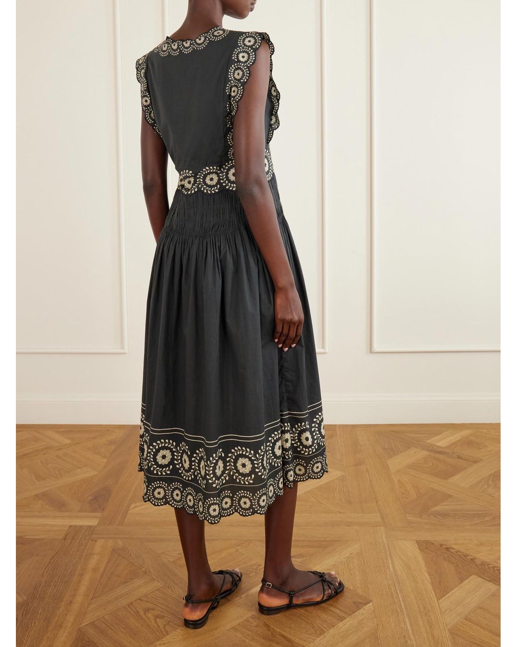 Sea Black Mirabel Scalloped Embroidered Cotton-Voile Midi Dress