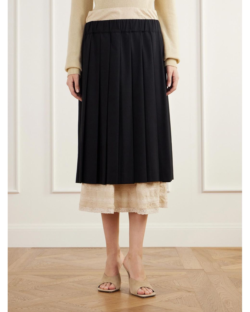Sea Blue Kathleen Lace And Floral Jacquard-Trimmed Pleated Crepe Midi Skirt