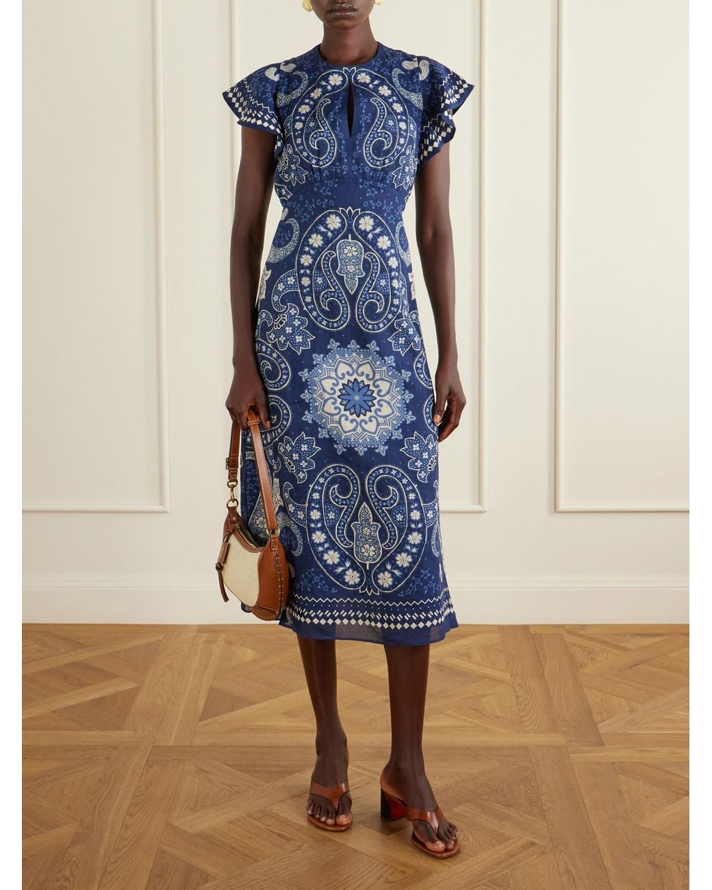 Sea Blue Emelina Paisley-Printed Ramie Midi Dress