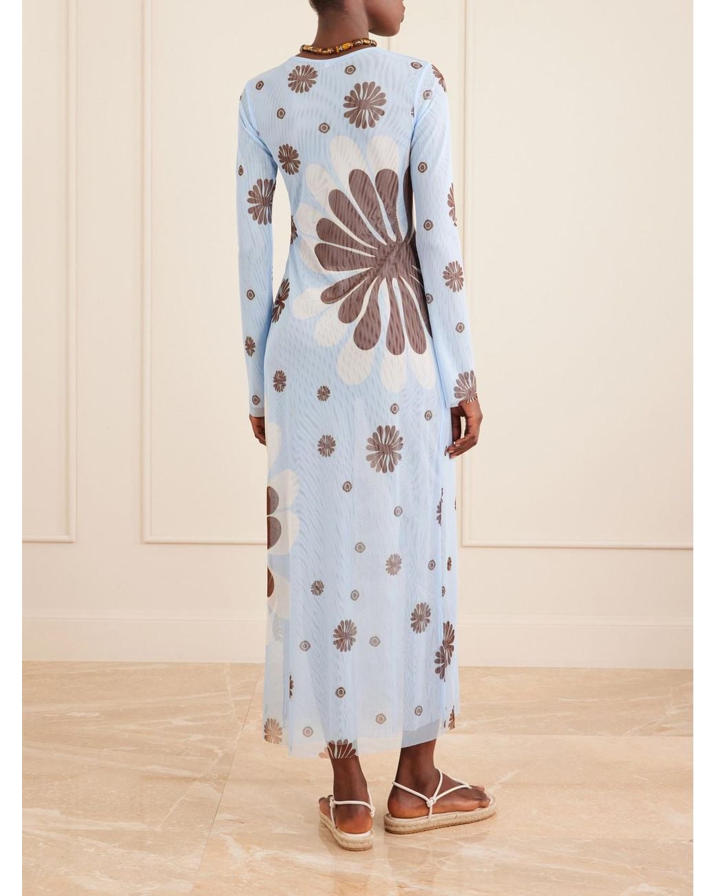 Cala De La Cruz Blue Tania Printed Mesh Midi Dress