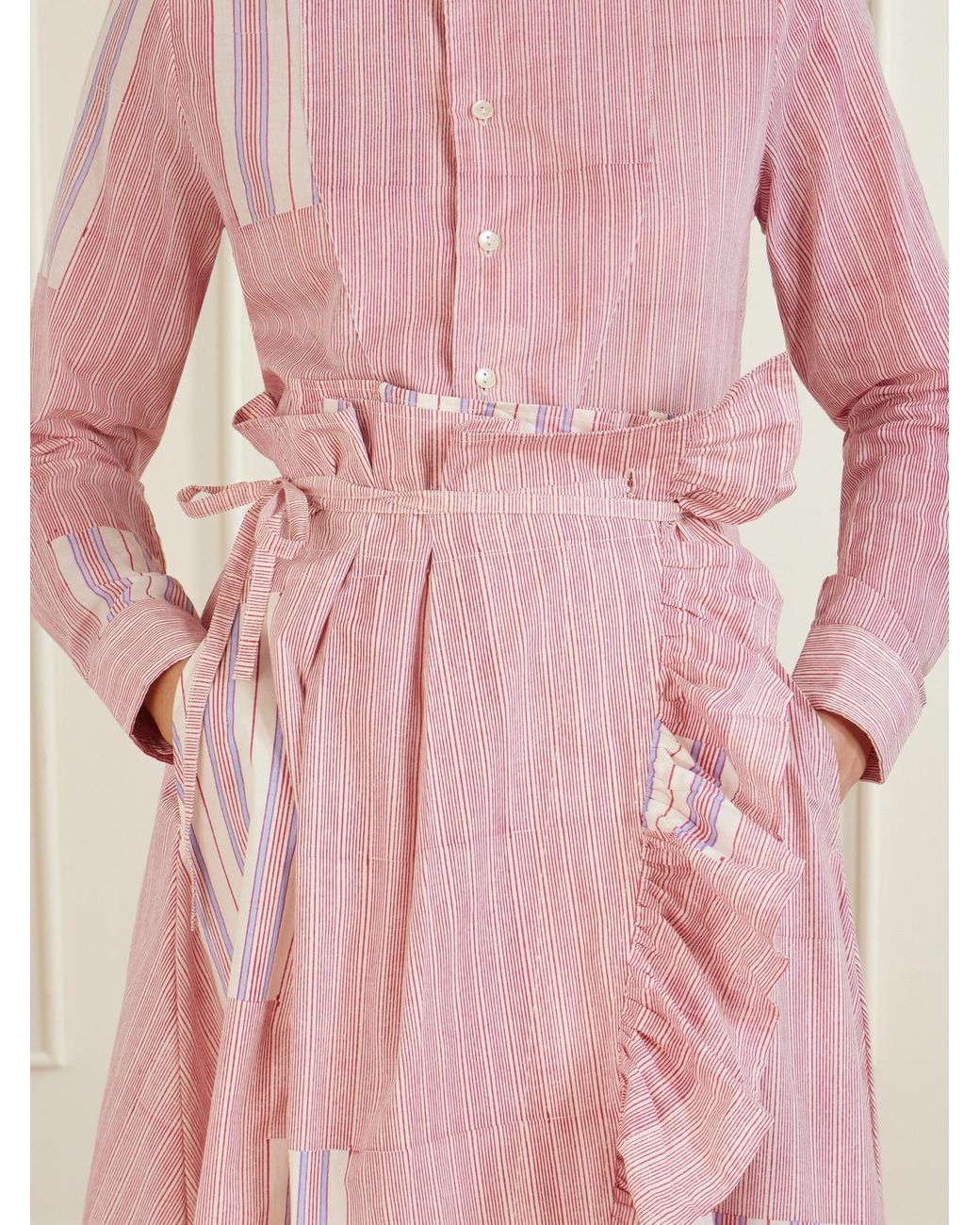 Thierry Colson Pink Tasha Ruffled Striped Cotton-Voile Wrap Midi Skirt