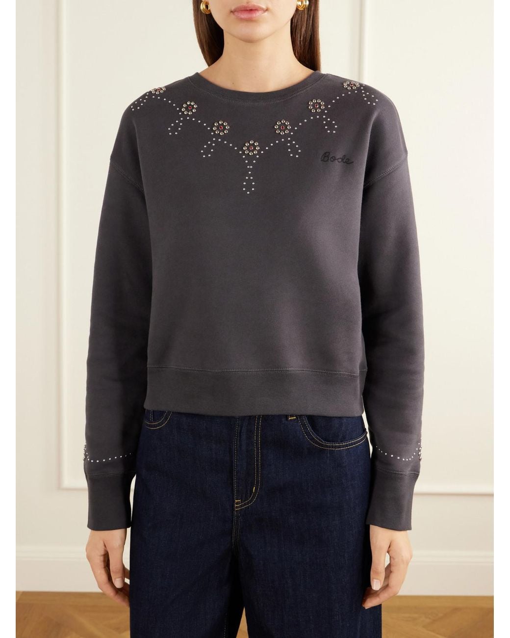 Bode Blue Studded Embellished Cotton-Jersey Sweatshirt