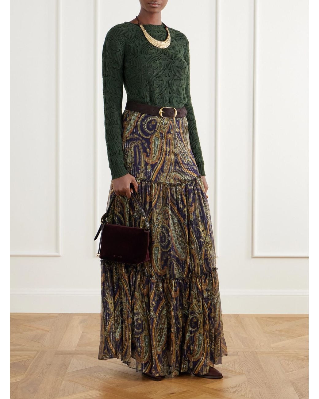 Etro Logo-Embroidered Leather-Trimmed Velvet Shoulder Bag