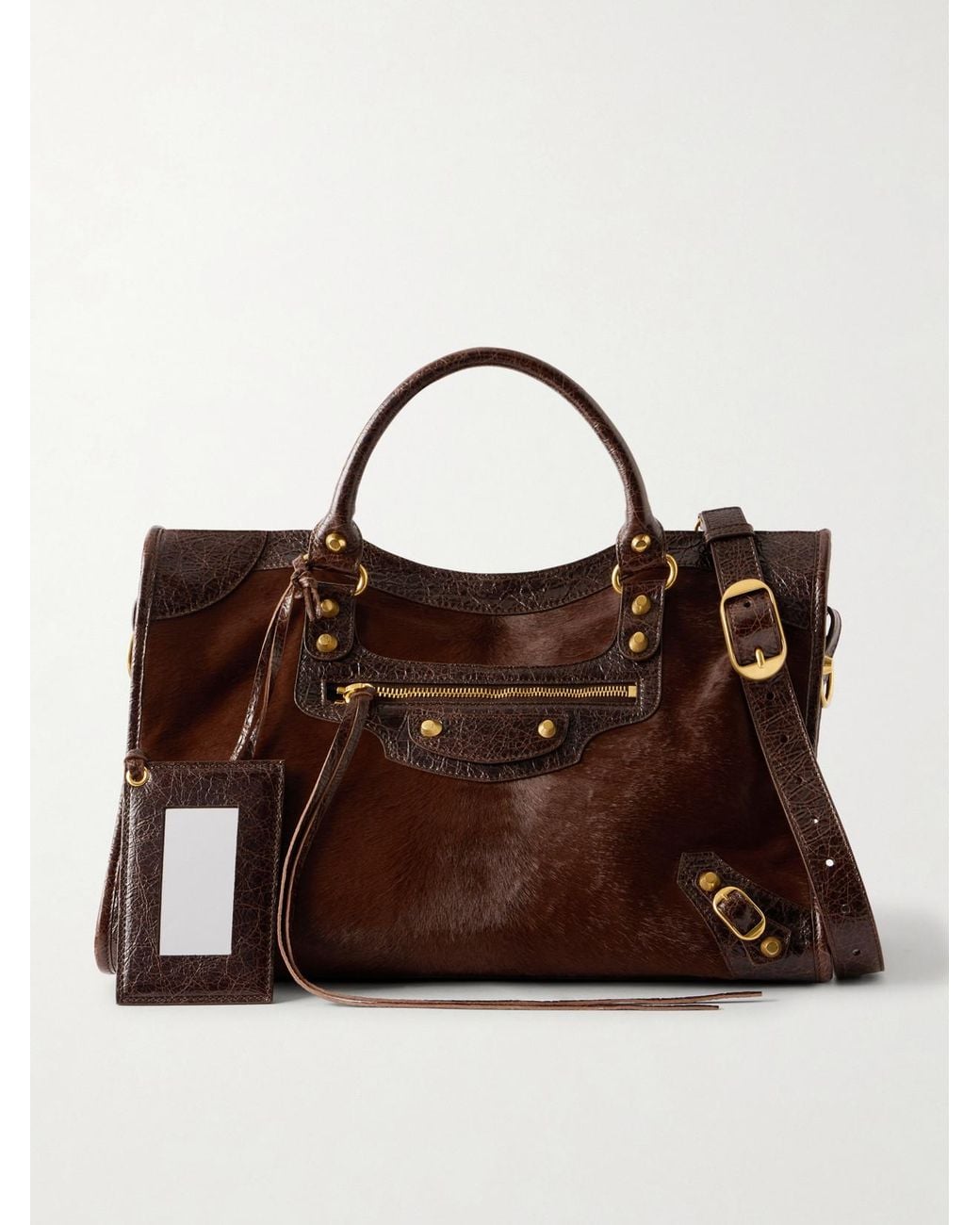 Balenciaga Brown Le City Crinkled Leather-Trimmed Pony Hair Shoulder Bag