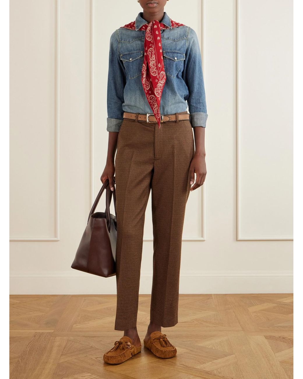 Polo Ralph Lauren Brown Houndstooth Cotton-Blend Straight-Leg Pants