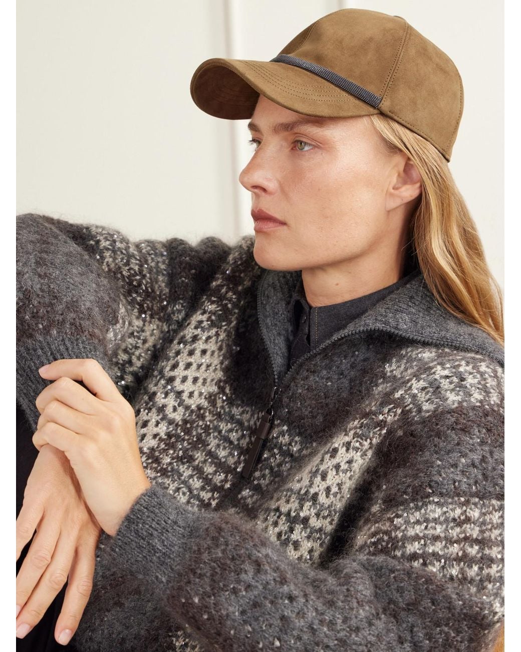 Brunello Cucinelli Brown Monili-Embellished Suede Baseball Cap