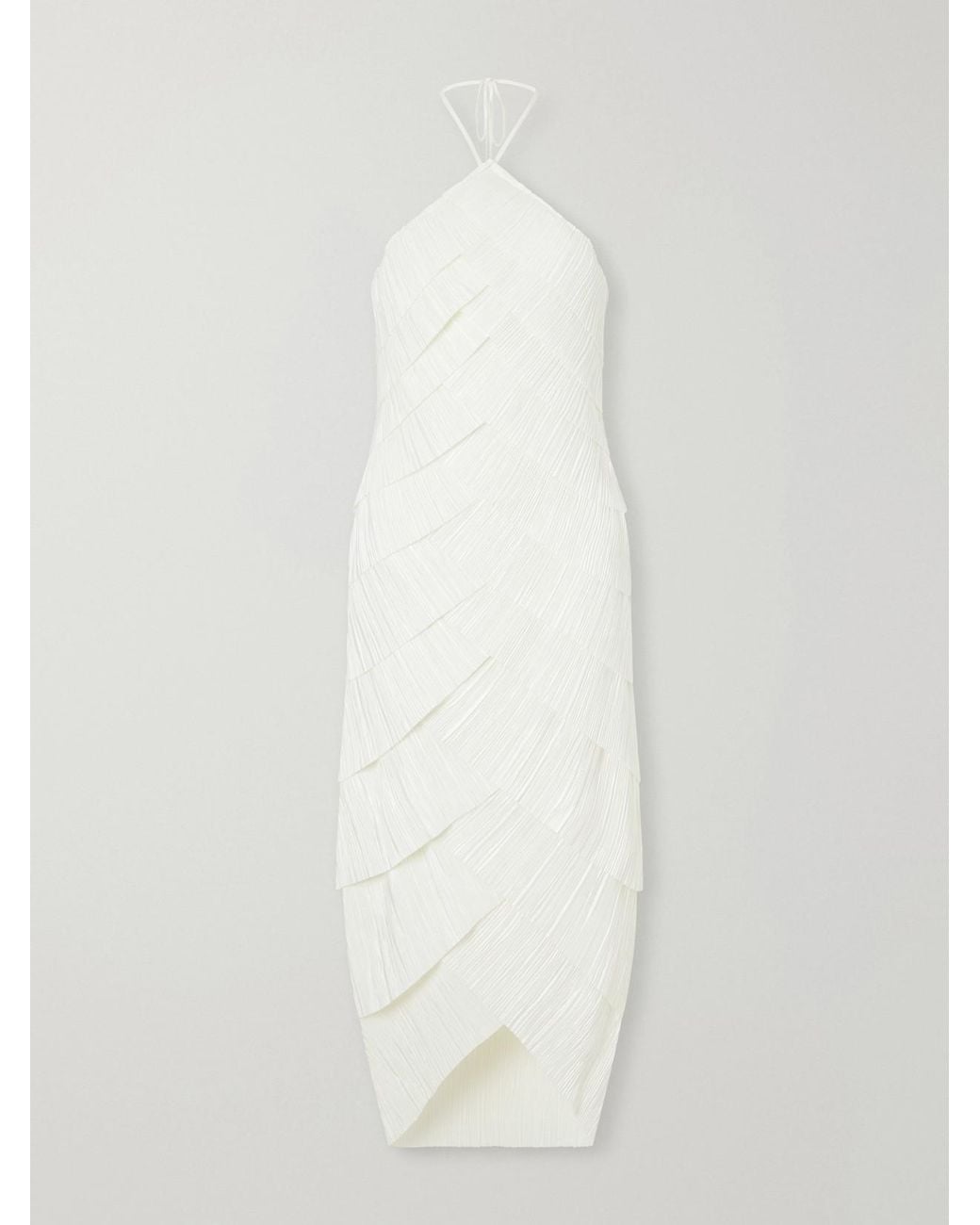 Cult Gaia White Patrizia Bustier Halterneck Tiered Plissé-Satin Midi Dress