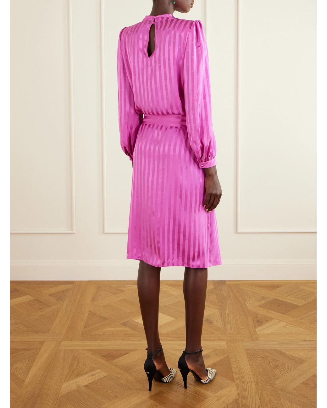 Valentino Garavani Pink Logo-Jacquard Belted Striped Silk-Satin Midi Dress