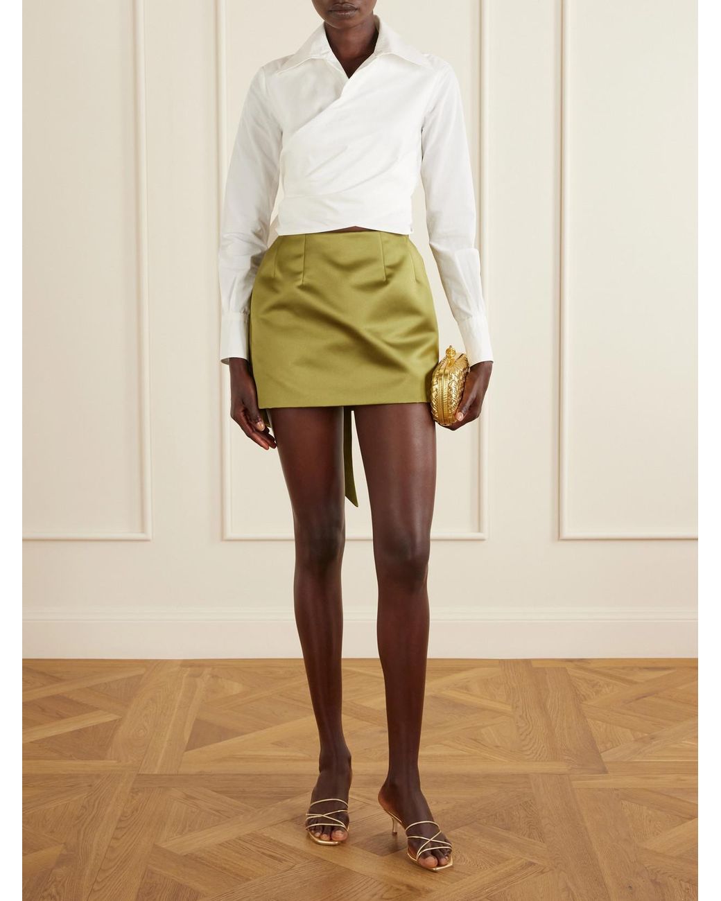 Oscar de la Renta Green Satin Draped Mini Skort