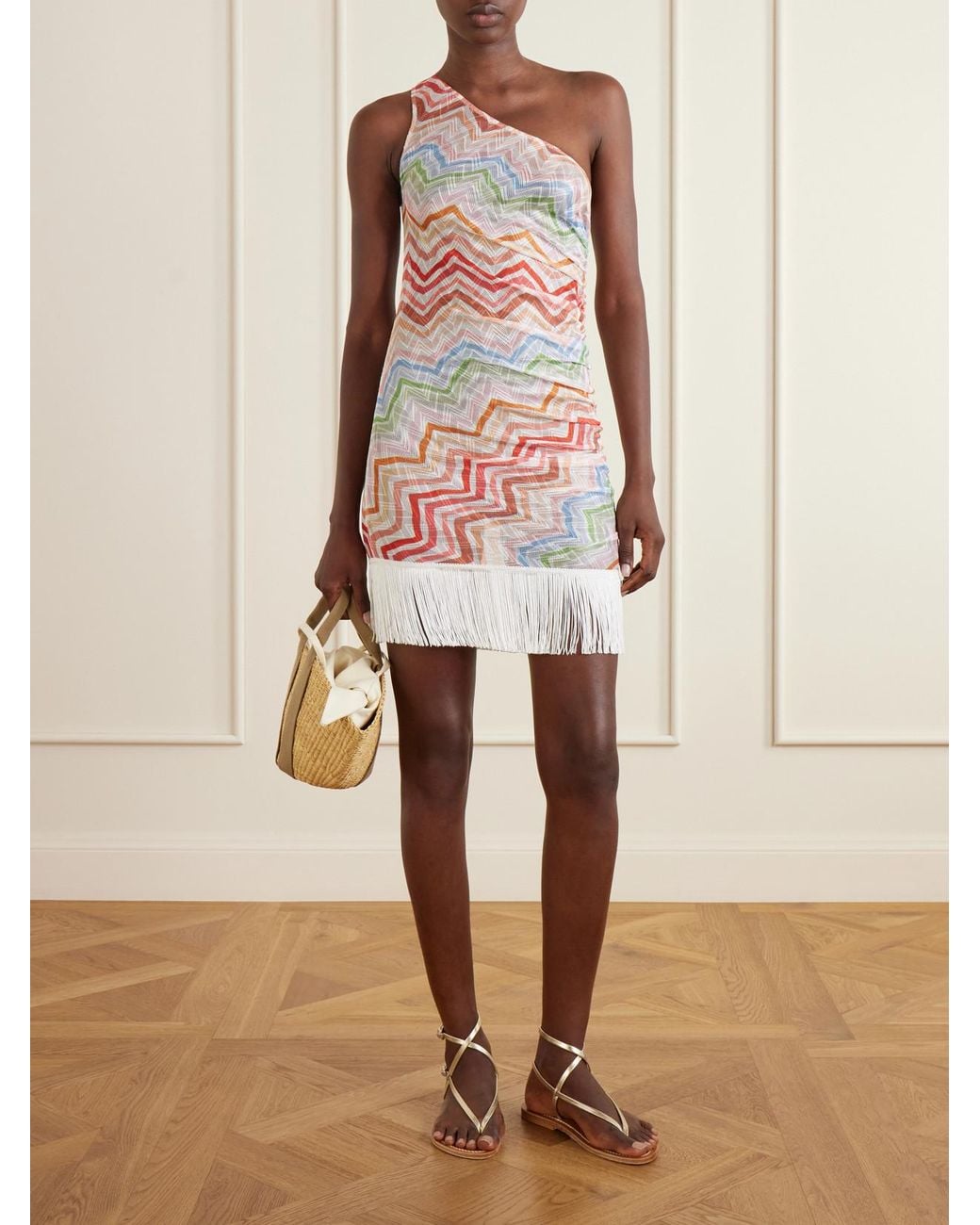 Missoni White One-Shoulder Fringed Striped Crochet-Knit Mini Dress