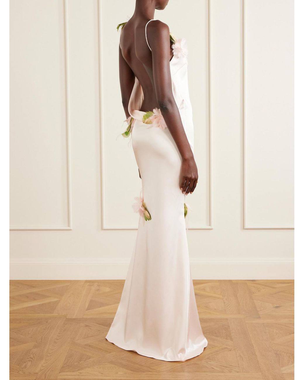 Ilkyaz Ozel Natural Mellow Floral-Embellished Satin Gown