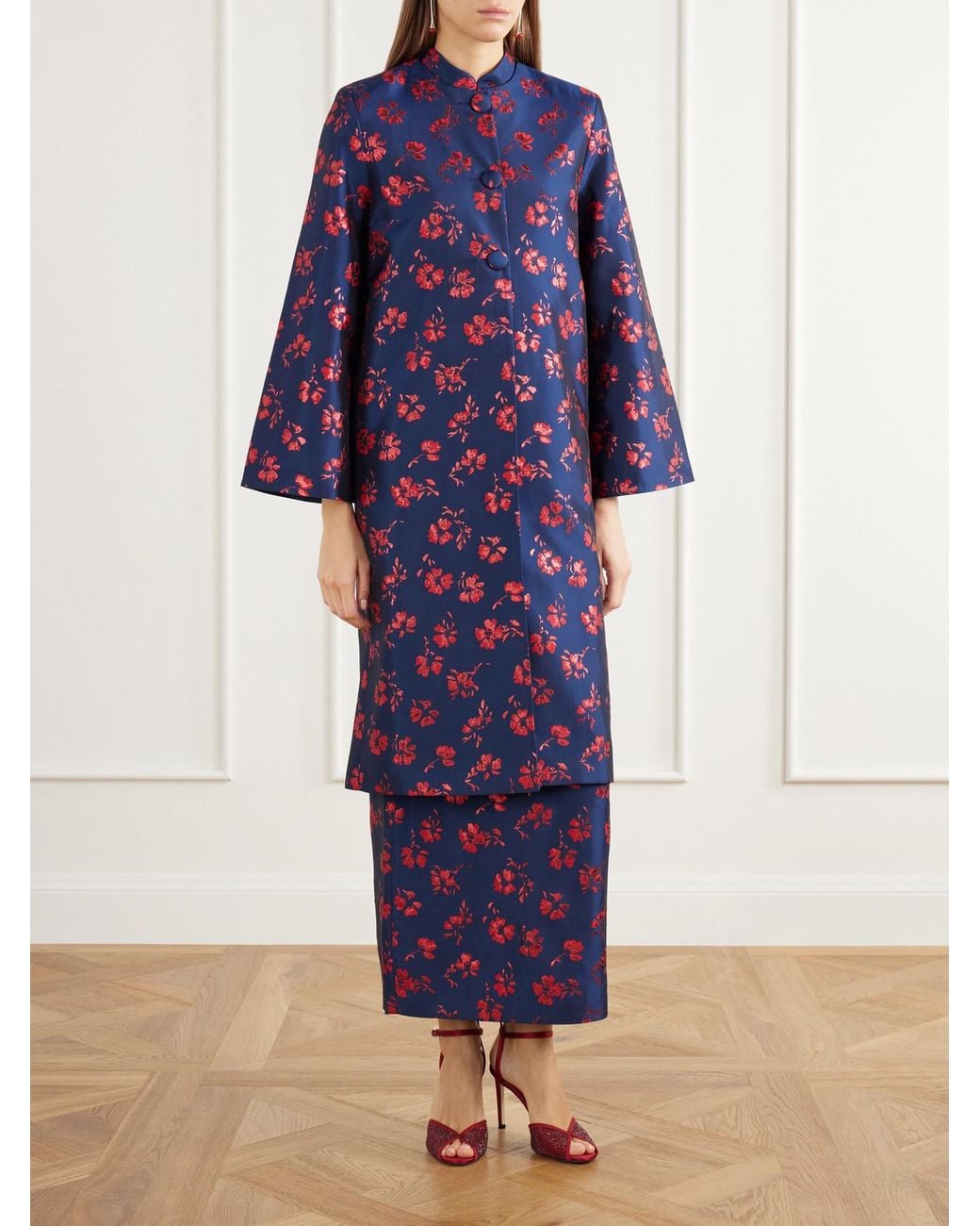 D'Estree Blue Ruby Floral-Jacquard Taffeta Coat