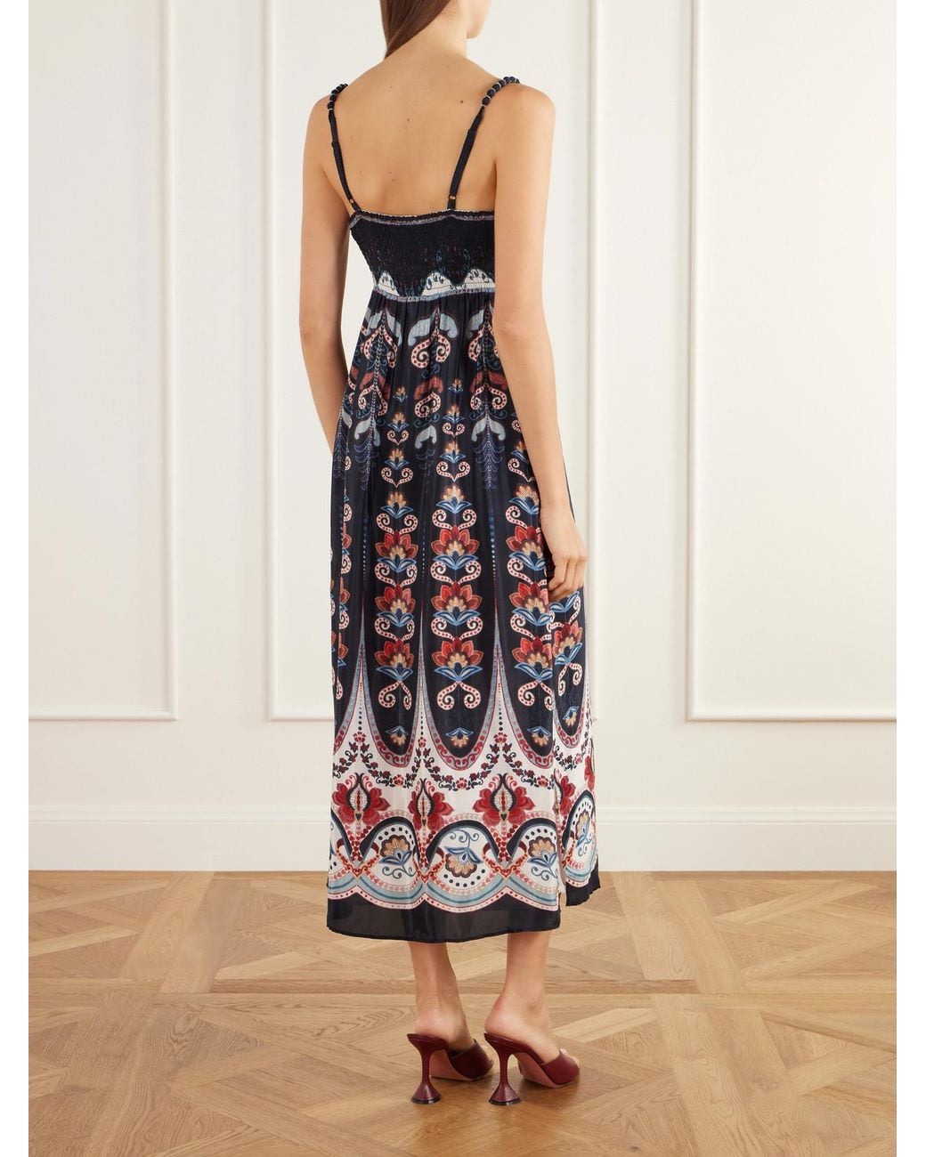 Farm Rio White Nikita Winter Bead-Embellished Printed Charmeuse Midi Dress