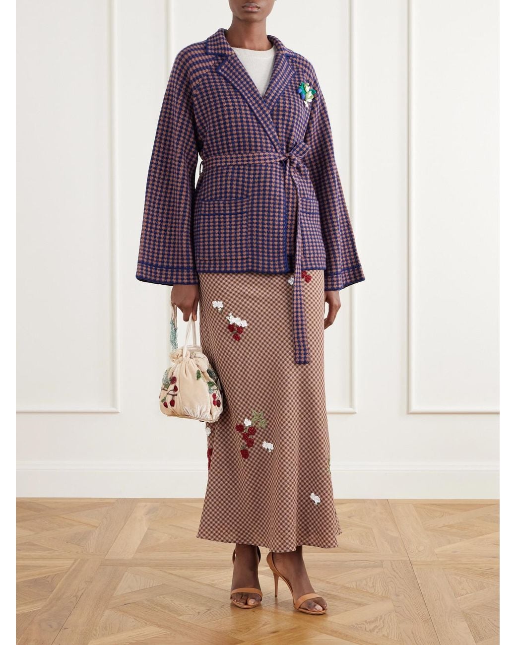 BERNADETTE Purple Kallas Checked Belted Floral-Appliquéd Cashmere Cardigan