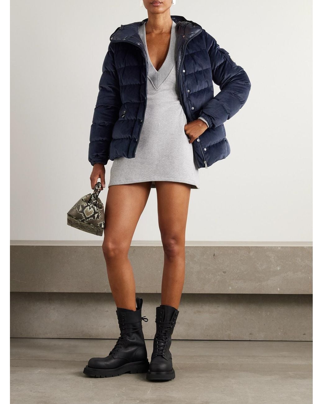 Moncler Blue Barante Quilted Velour Hooded Down Jacket