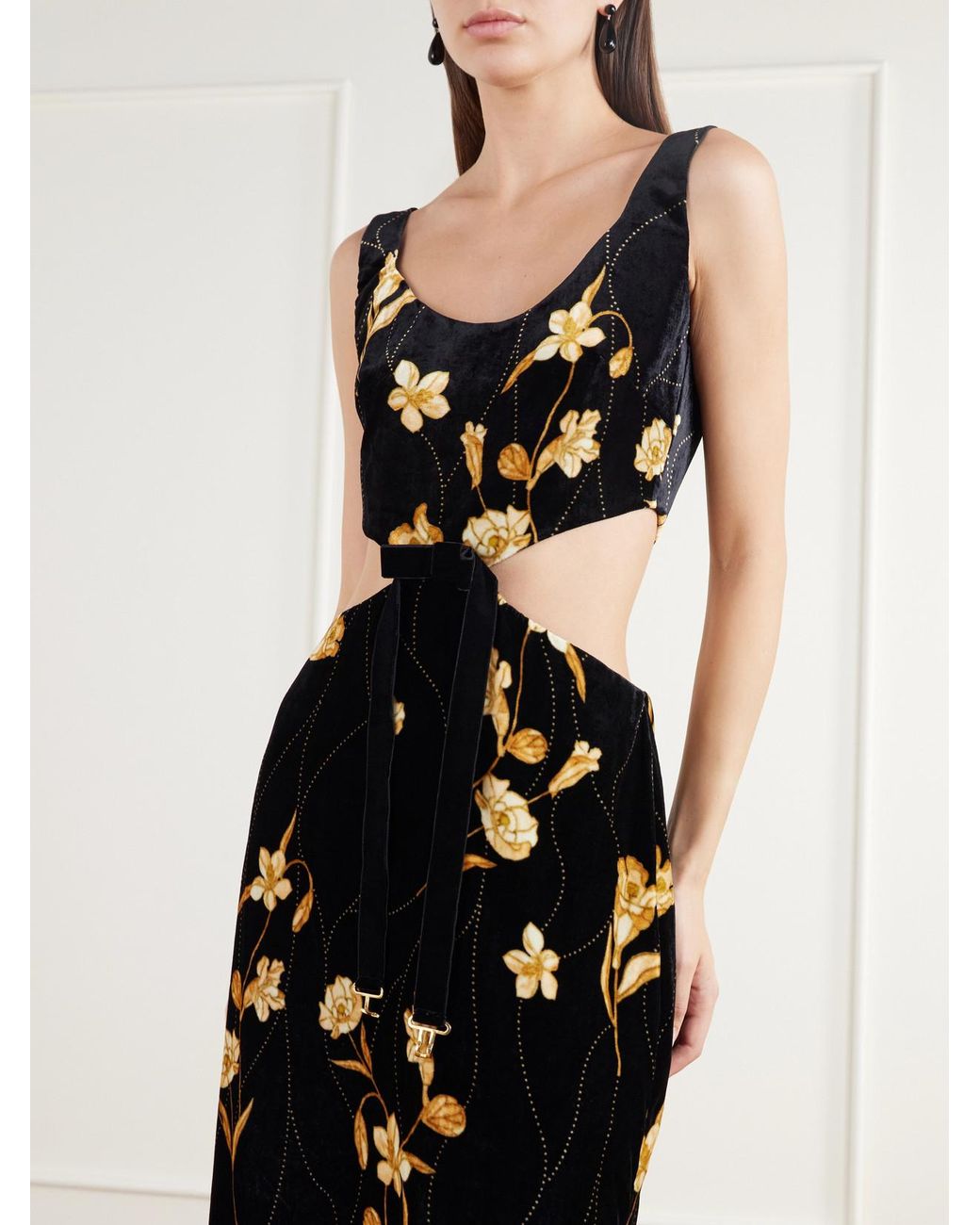 Agua Bendita Black Ventura Belted Bow-Detailed Floral-Print Velvet Maxi Dress
