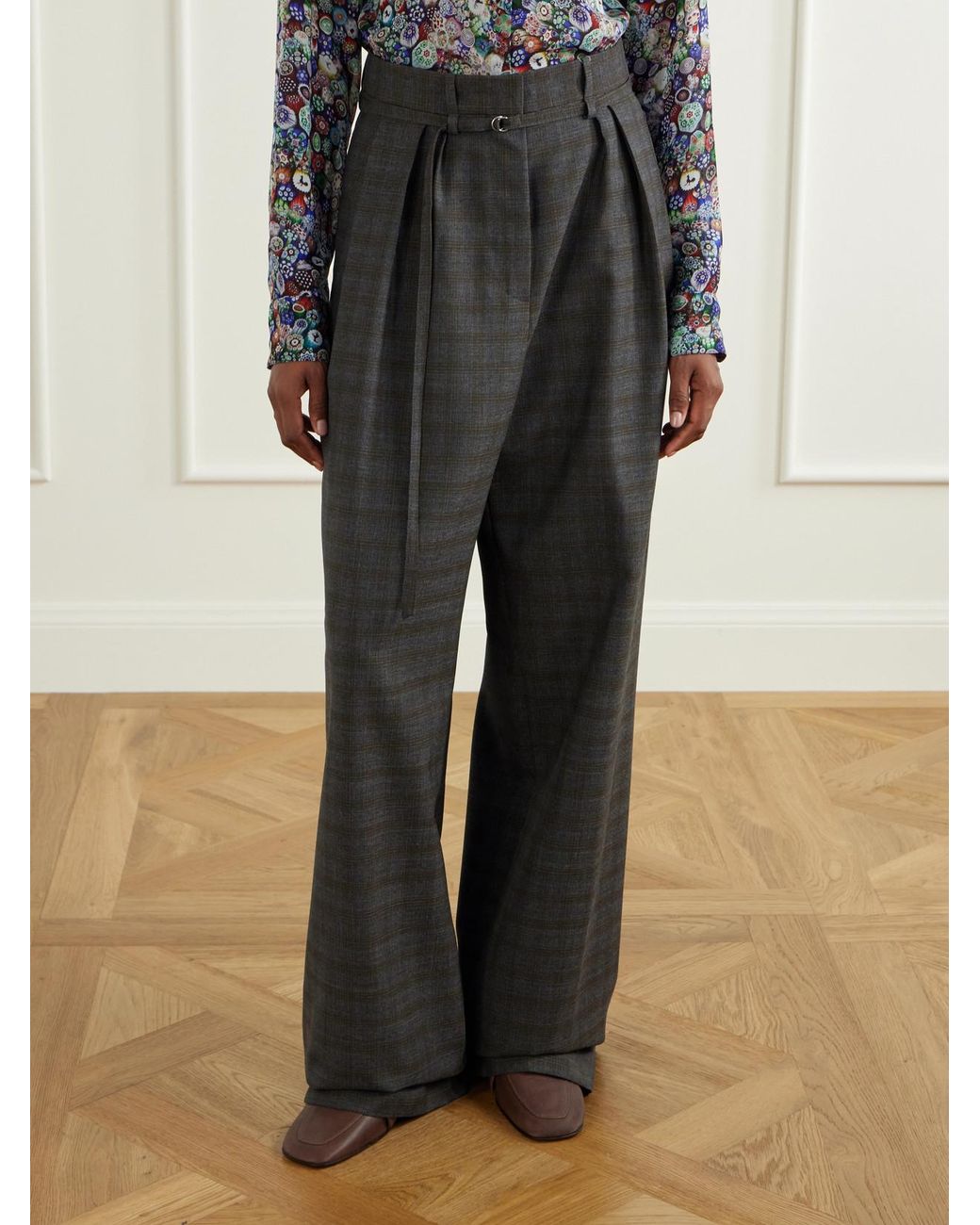 Dries Van Noten Gray Belted Checked Wool Wide-Leg Pants