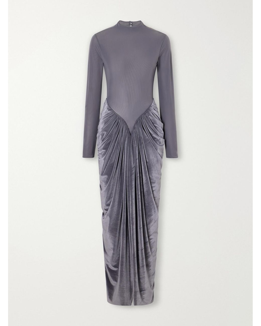 Maygel Coronel Gray Guernica Draped Mesh And Velvet Maxi Dress