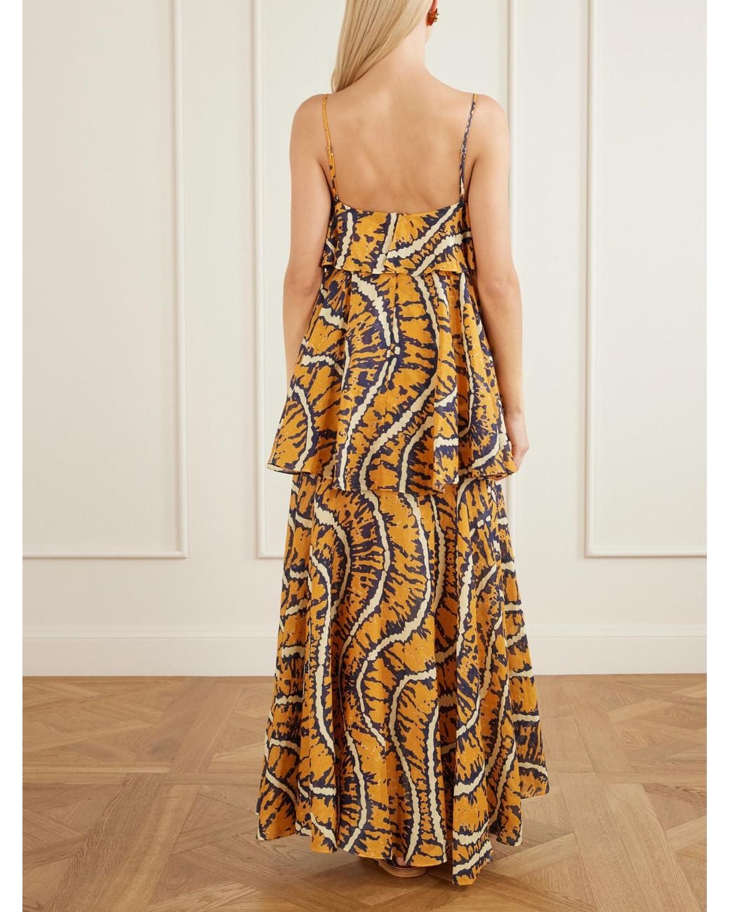 ALÉMAIS Metallic Ripple Tiered Printed Ramie Maxi Dress
