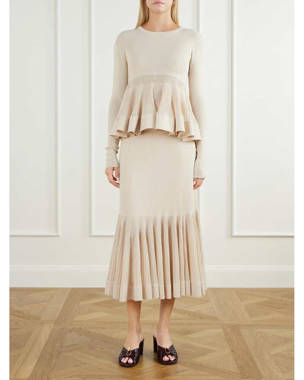 Zimmermann Natural Clash Pleated Metallic Jersey Midi Skirt