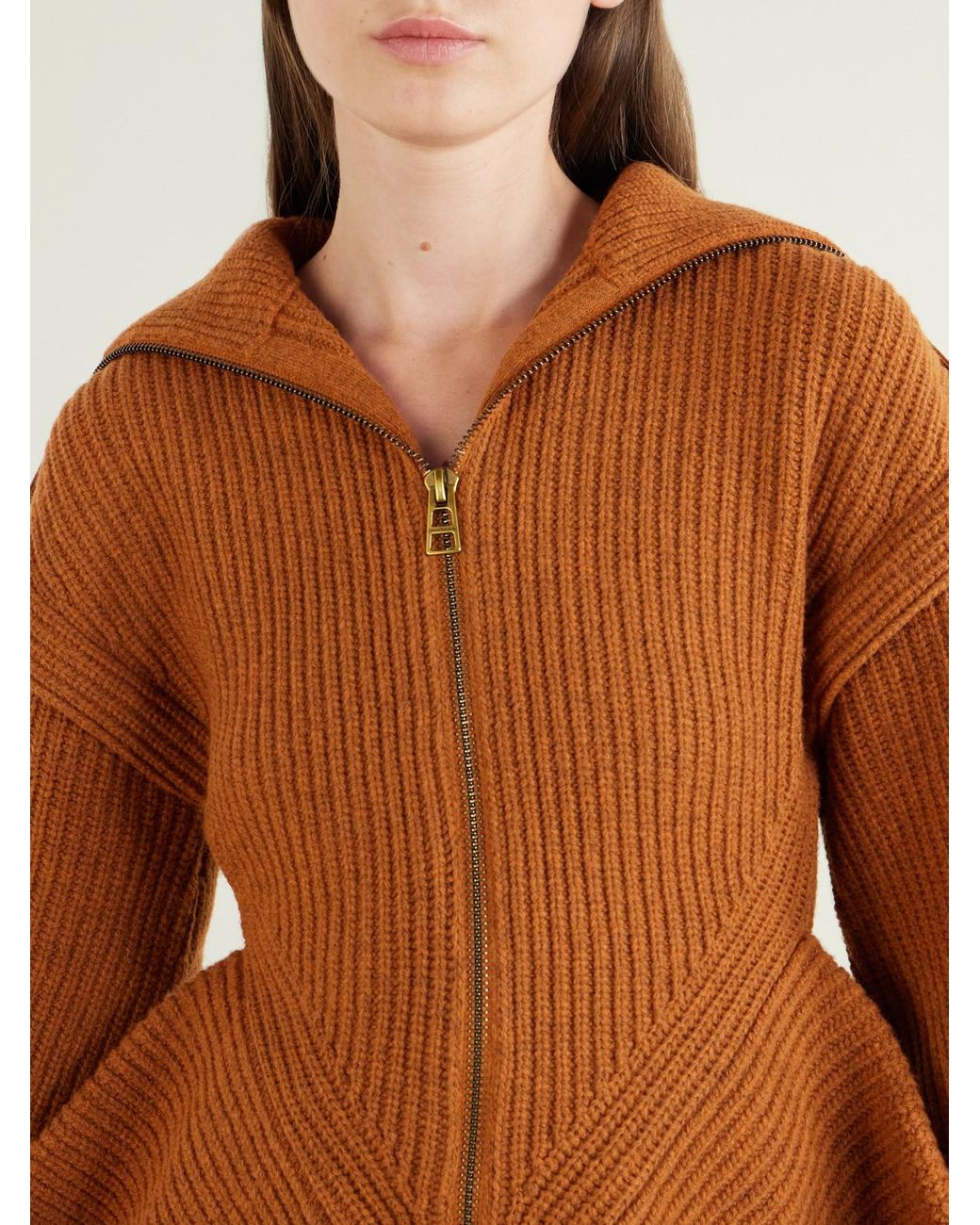 Zimmermann Brown Valiant Leather-Trimmed Ribbed-Knit Wool-Blend Cardigan