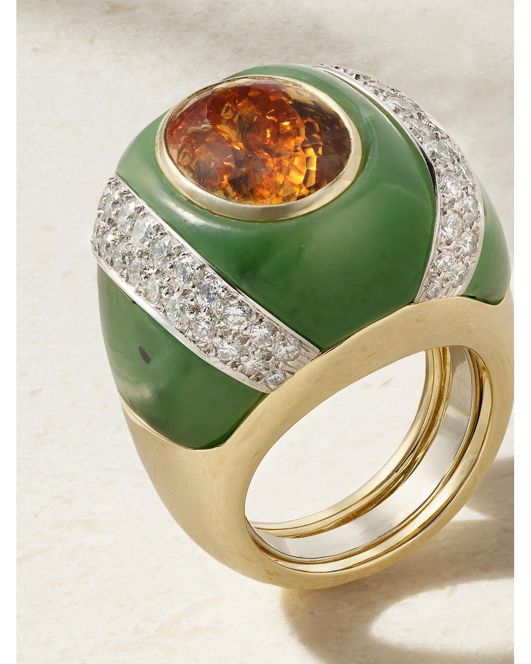 David Webb Green Double Stripe 18-Karat And Platinum Topaz, Jade And Diamond Ring