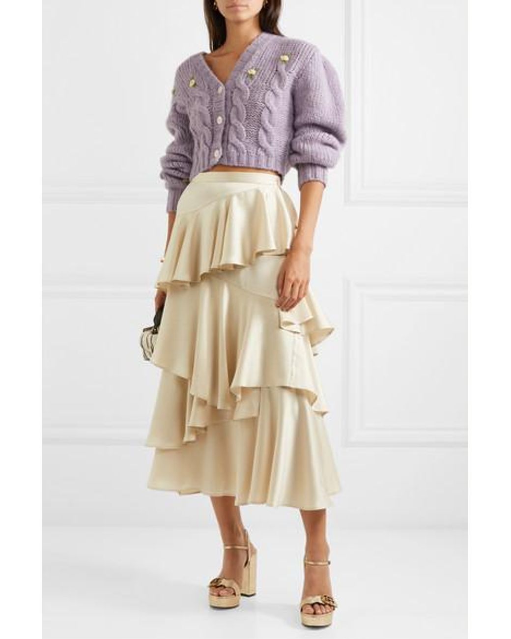 ALEXACHUNG Tiered Ruffled Satin Midi Skirt in Natural Lyst