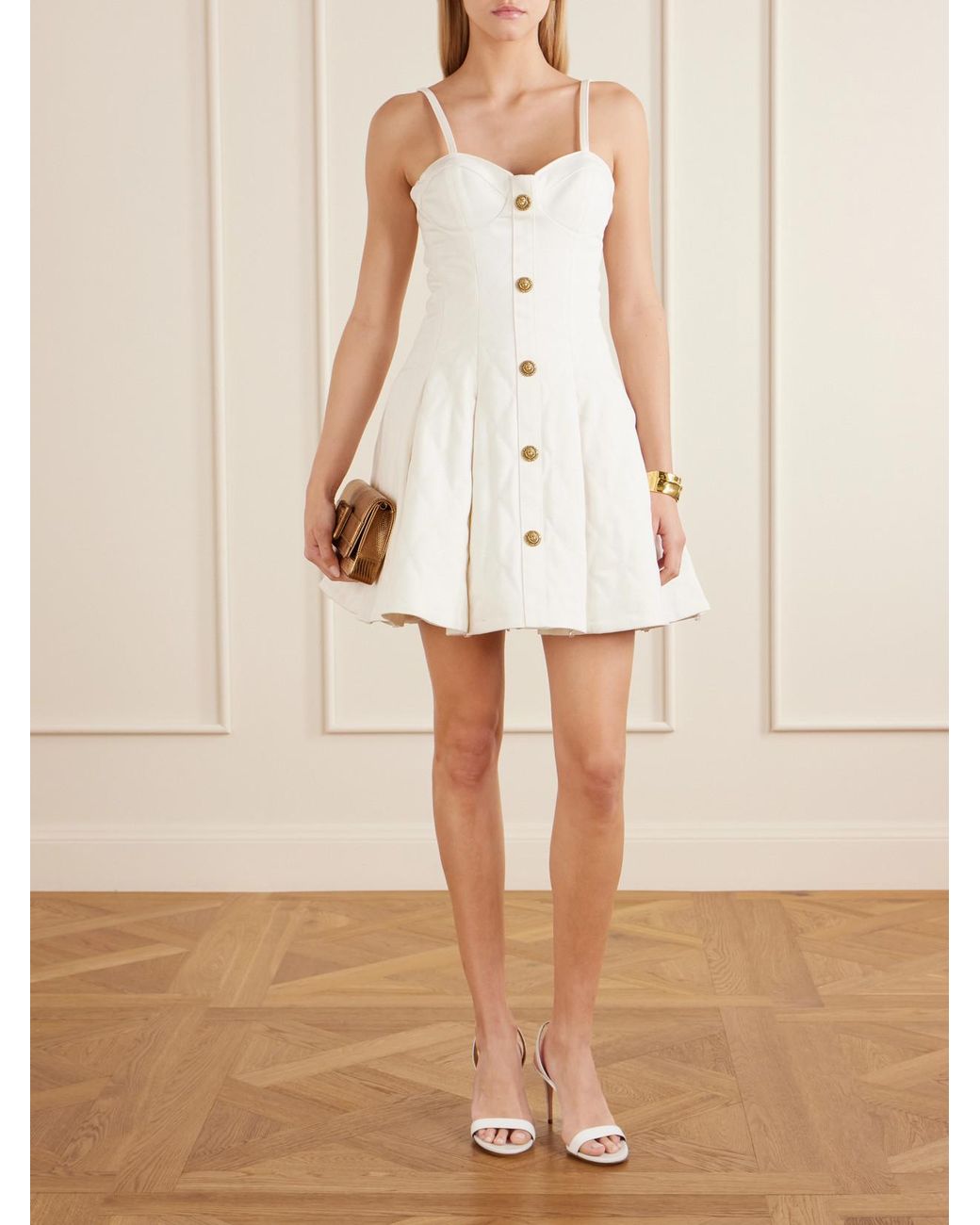 Balmain Natural Quilted Denim Bustier Mini Dress
