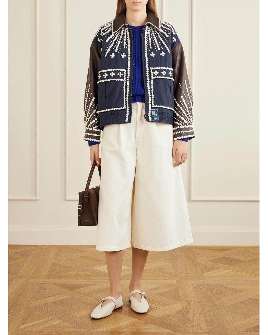 Sea Blue Georgie Button-Embellished Cotton-Canvas And Leather Jacket