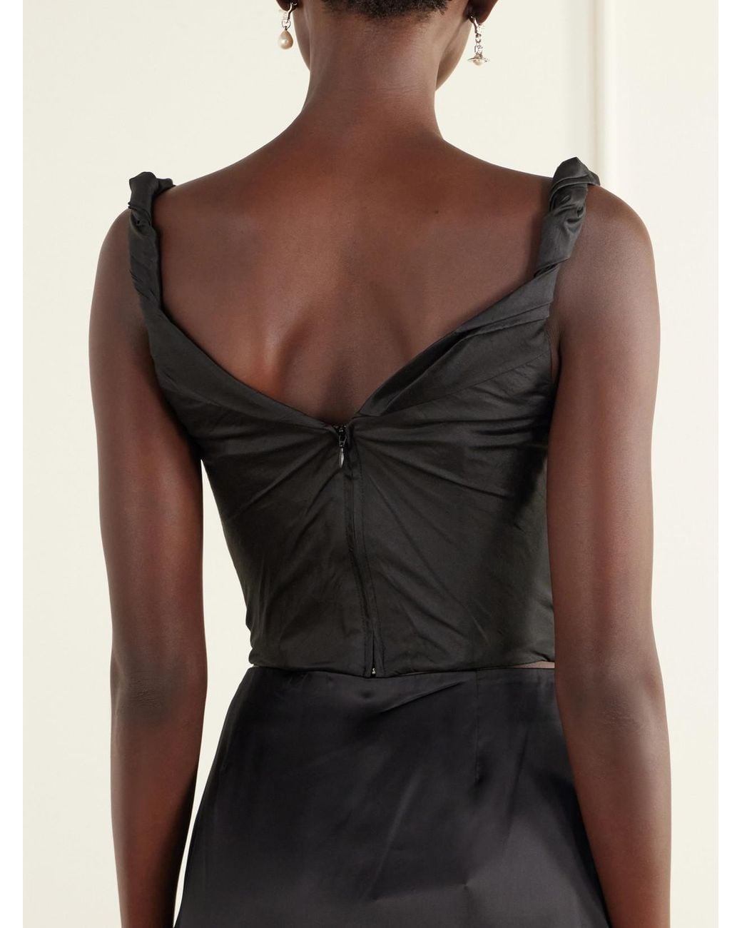Staud Black Olivia Draped Silk-Dupioni Bustier Top